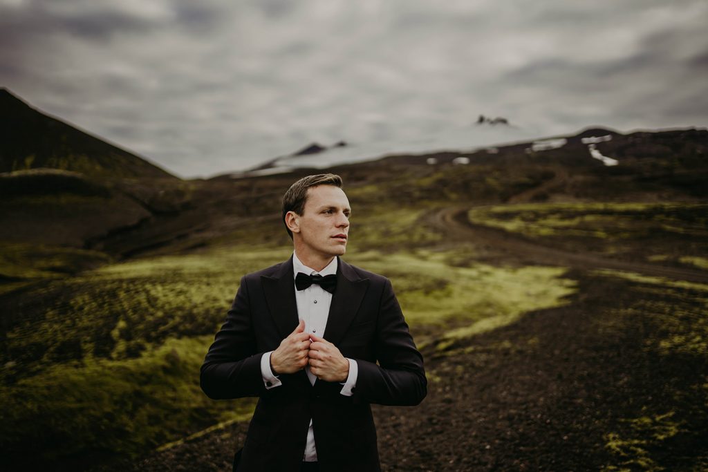Groom with Icelandic moss behind