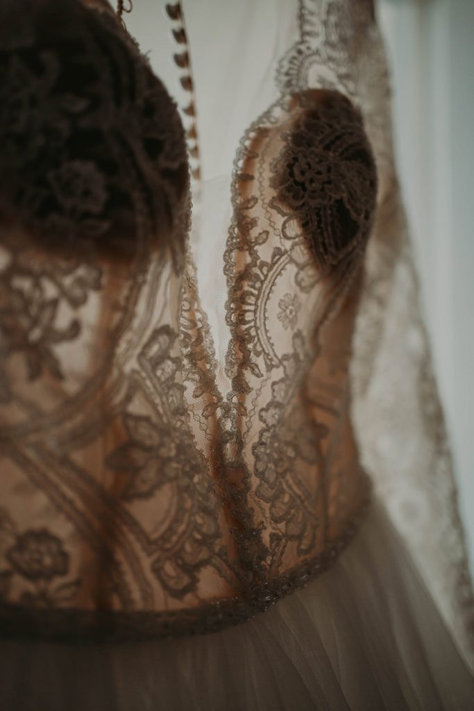 Bride's dress details at North Wales autumn wedding