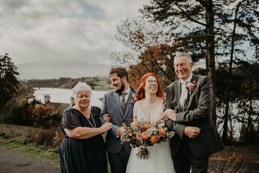 Group photos at Bodnant Welsh Food, North Wales autumn wedding